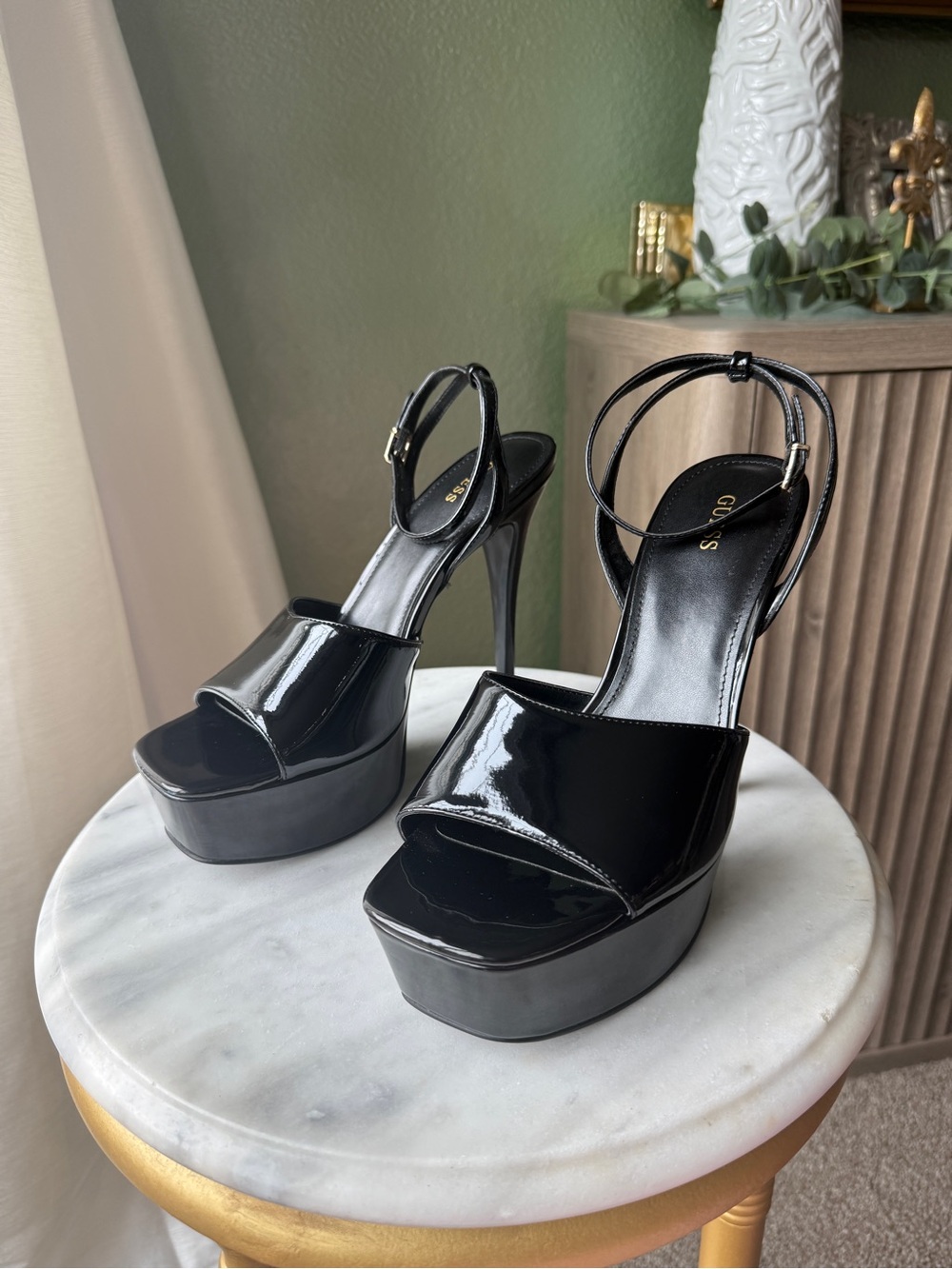Guess Black Patent Platform Slingback Heels